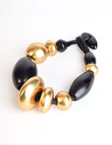 Monies Vintage Brown Black Kamagong Wood Gold Leaf Chunky Oversized Statement Necklace