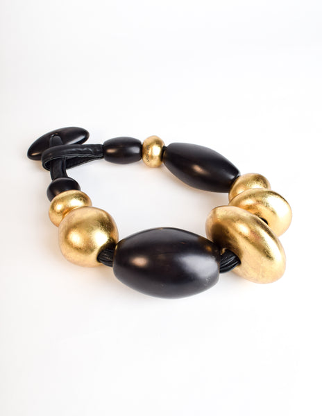 Monies Vintage Brown Black Kamagong Wood Gold Leaf Chunky Oversized Statement Necklace