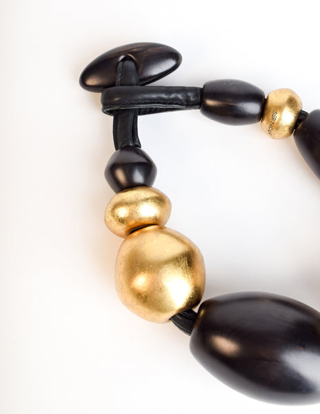 Monies Vintage Brown Black Kamagong Wood Gold Leaf Chunky Oversized Statement Necklace