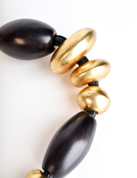 Monies Vintage Brown Black Kamagong Wood Gold Leaf Chunky Oversized Statement Necklace
