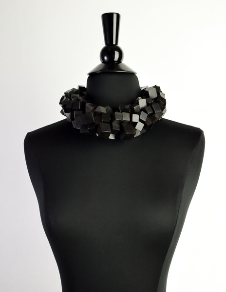 Monies Vintage Black Ebony Wood Cubes Chunky Statement Choker Necklace
