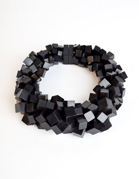 Monies Vintage Black Ebony Wood Cubes Chunky Statement Choker Necklace