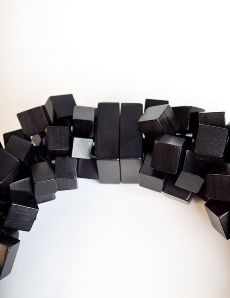 Monies Vintage Black Ebony Wood Cubes Chunky Statement Choker Necklace