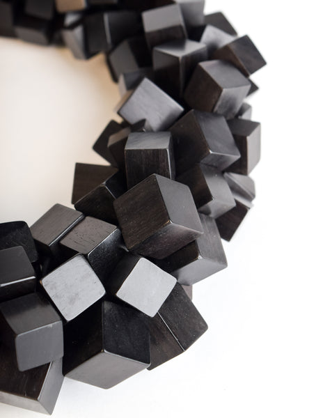 Monies Vintage Black Ebony Wood Cubes Chunky Statement Choker Necklace