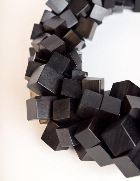 Monies Vintage Black Ebony Wood Cubes Chunky Statement Choker Necklace