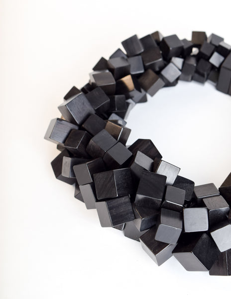 Monies Vintage Black Ebony Wood Cubes Chunky Statement Choker Necklace