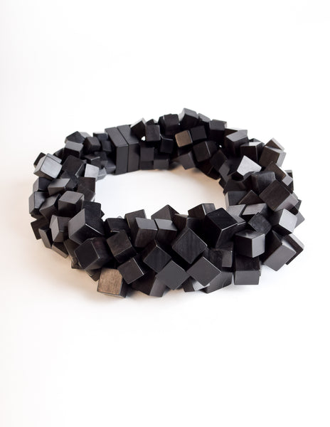 Monies Vintage Black Ebony Wood Cubes Chunky Statement Choker Necklace