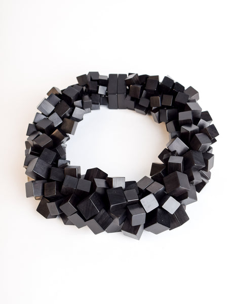 Monies Vintage Black Ebony Wood Cubes Chunky Statement Choker Necklace