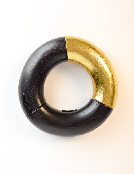 Monies Vintage Black Ebony Wood Gold Leaf Foil Chunky Donut Bracelet