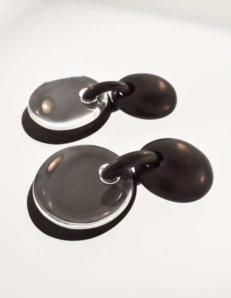 Monies Vintage Black Ebony Wood Clear Double Disc Dangle Earrings
