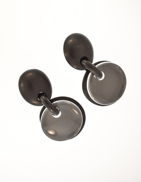 Monies Vintage Black Ebony Wood Clear Double Disc Dangle Earrings