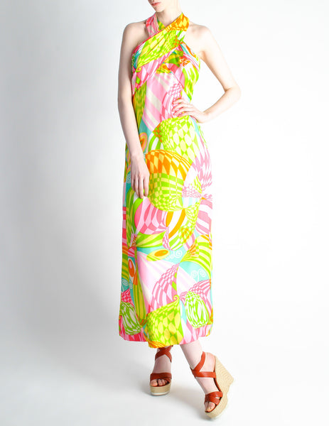 Malcolm Starr Vintage Colorful Psychedelic Op Art Maxi Dress