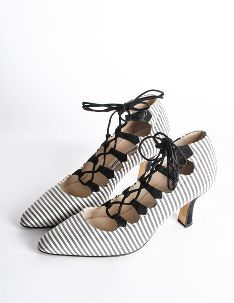 Manolo Blahnik Vintage Striped Lace Up Heels - Amarcord Vintage Fashion
 - 5