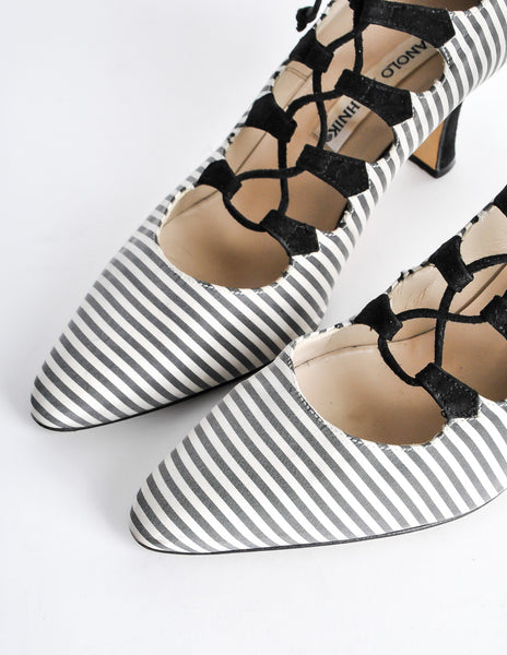 Manolo Blahnik Vintage Striped Lace Up Heels - Amarcord Vintage Fashion
 - 3