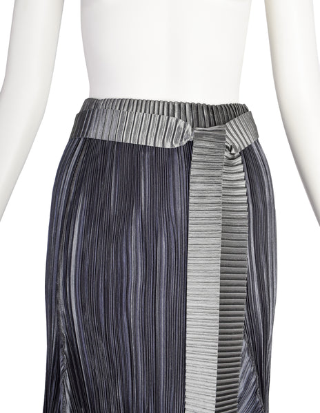 Mashiah Vintage Avant Garde Blue Grey Metallic Bubble Plisse Pleated Maxi Skirt