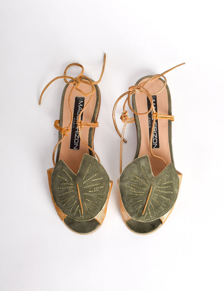 Maud Frizon Vintage Gold Leather & Green Suede Lily Pad Sandals
