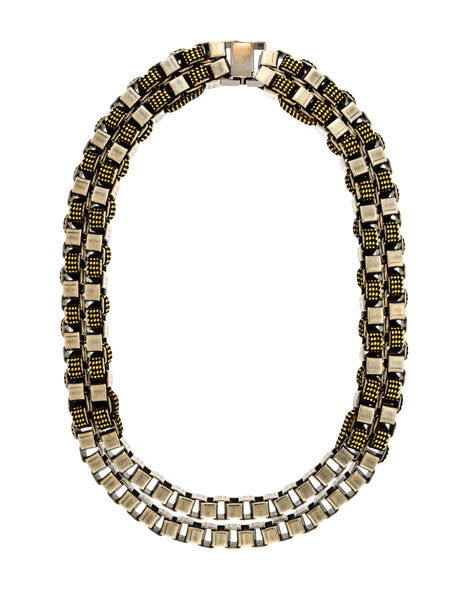 Mawi Vintage Woven Gunmetal Silver Gold Black Box Link Necklace and Bracelet Set