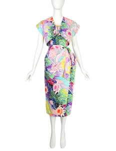Kamehameha Mildred Park Vintage 1950s Incredible Vibrant Hawaiian Floral Cotton Wiggle Dress and Bolero Set