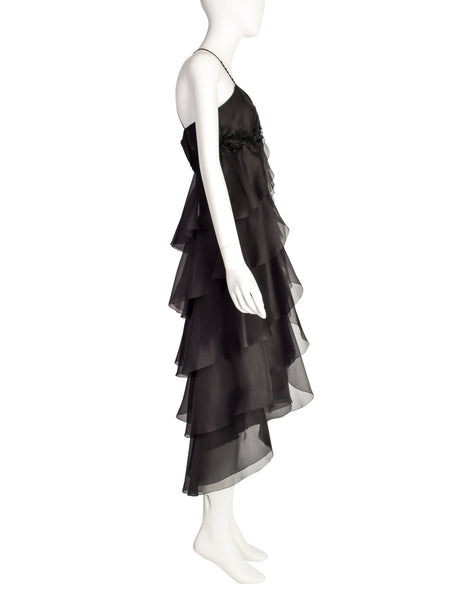 Mira Vintage Black Silk Organza Layered Ruffle Velvet Beaded Applique Halter Dress