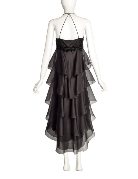 Mira Vintage Black Silk Organza Layered Ruffle Velvet Beaded Applique Halter Dress