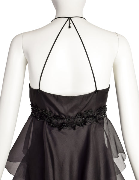 Mira Vintage Black Silk Organza Layered Ruffle Velvet Beaded Applique Halter Dress