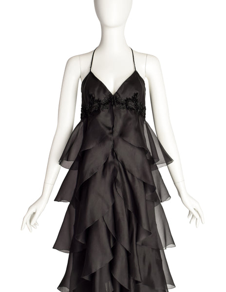 Mira Vintage Black Silk Organza Layered Ruffle Velvet Beaded Applique Halter Dress