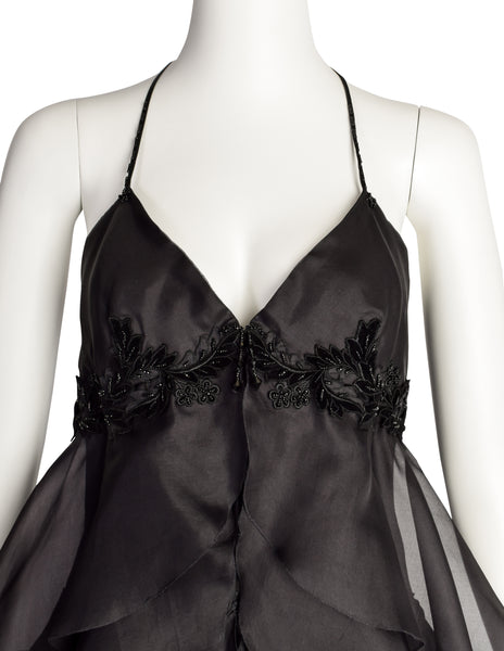 Mira Vintage Black Silk Organza Layered Ruffle Velvet Beaded Applique Halter Dress