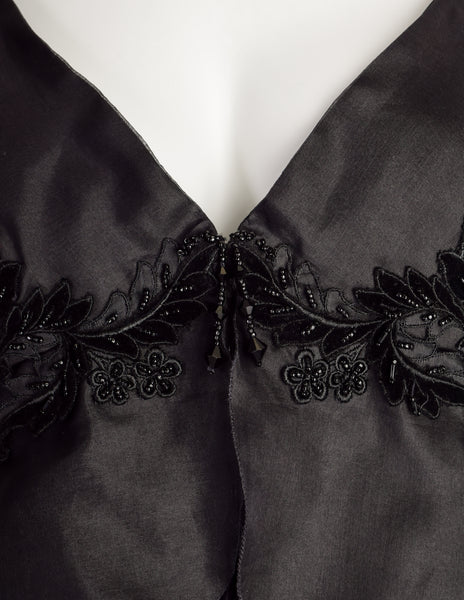 Mira Vintage Black Silk Organza Layered Ruffle Velvet Beaded Applique Halter Dress