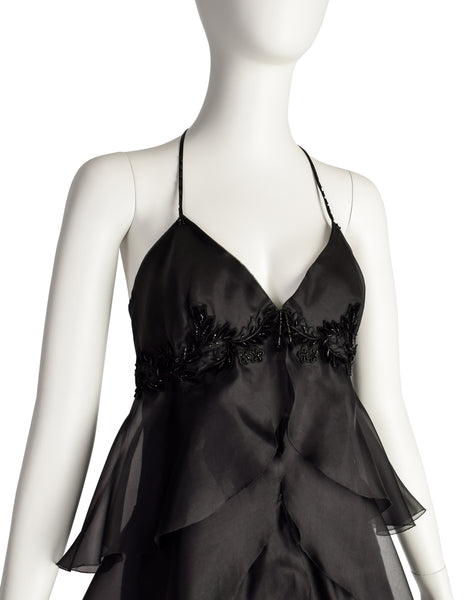 Mira Vintage Black Silk Organza Layered Ruffle Velvet Beaded Applique Halter Dress