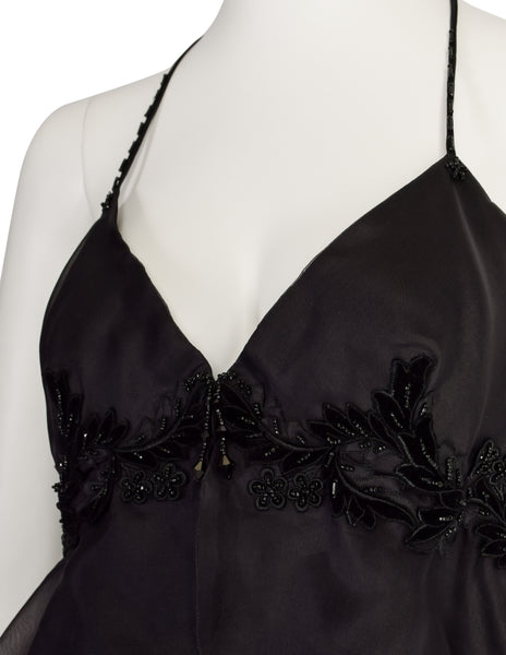 Mira Vintage Black Silk Organza Layered Ruffle Velvet Beaded Applique Halter Dress