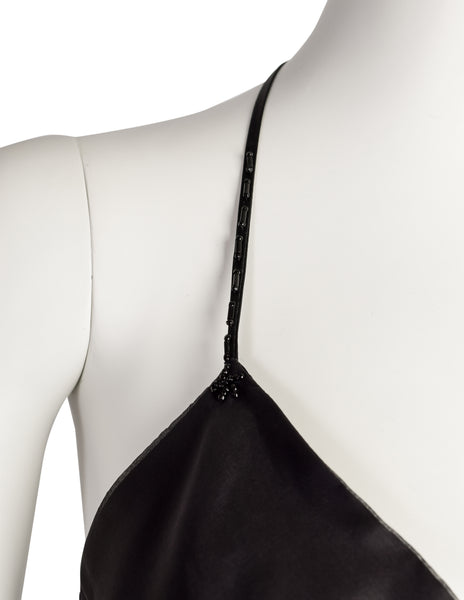 Mira Vintage Black Silk Organza Layered Ruffle Velvet Beaded Applique Halter Dress