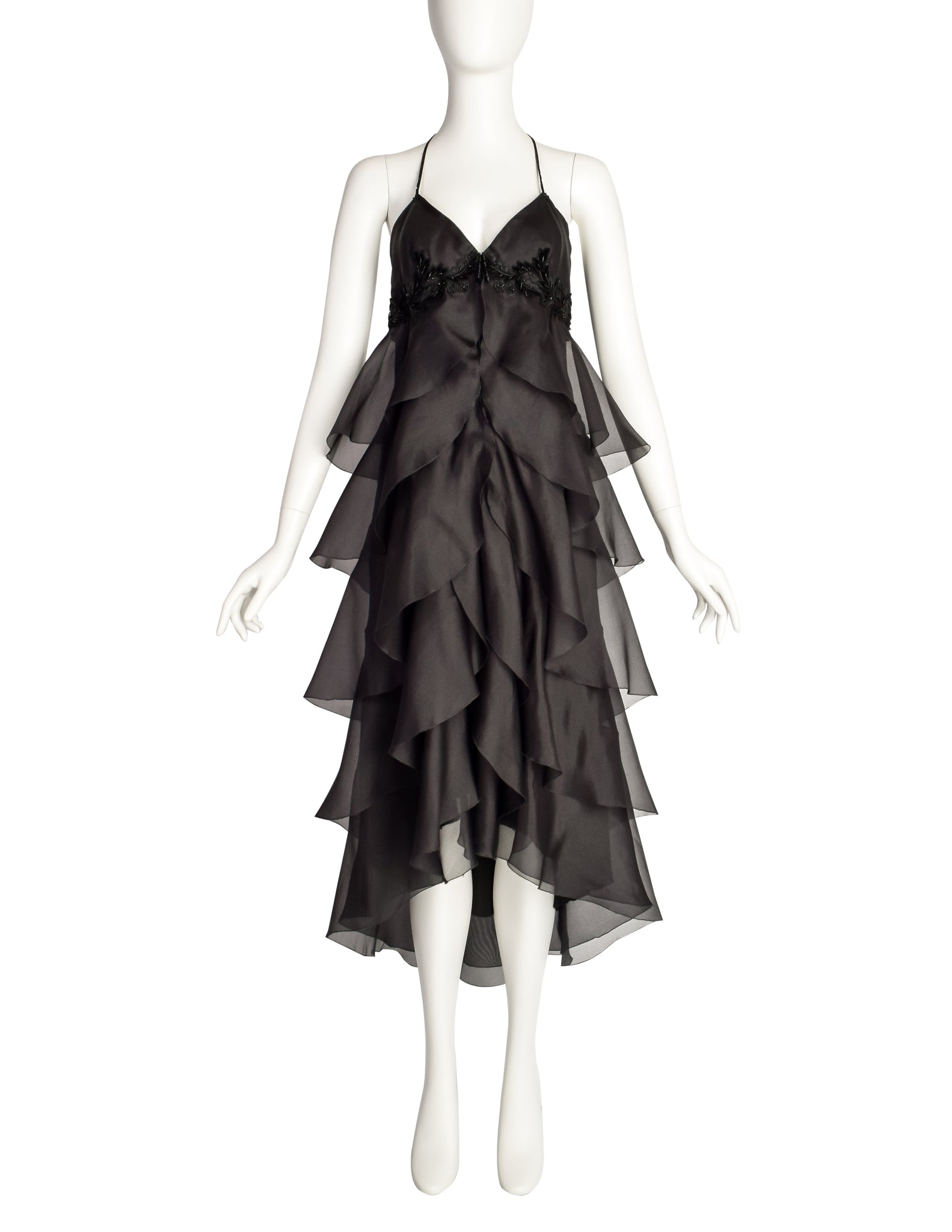 Mira Vintage Black Silk Organza Layered Ruffle Velvet Beaded Applique Halter Dress