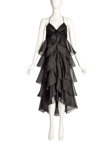 Mira Vintage Black Silk Organza Layered Ruffle Velvet Beaded Applique Halter Dress