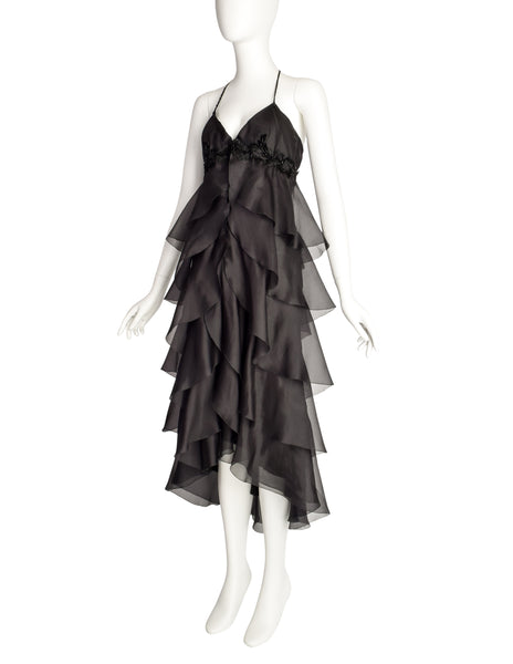 Mira Vintage Black Silk Organza Layered Ruffle Velvet Beaded Applique Halter Dress