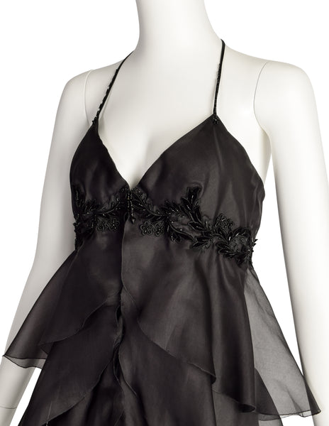 Mira Vintage Black Silk Organza Layered Ruffle Velvet Beaded Applique Halter Dress