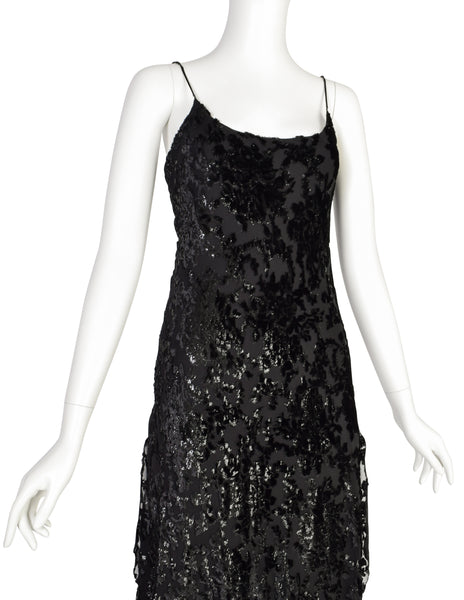 Mira Vintage Black Silk Chiffon Devore Velvet Bias Layered Beaded Dress