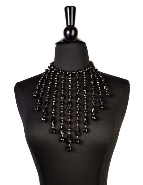 Miriam Haskell Vintage Massive Black Venetian Glass Bead Cascading Fringe Waterfall Bib Necklace