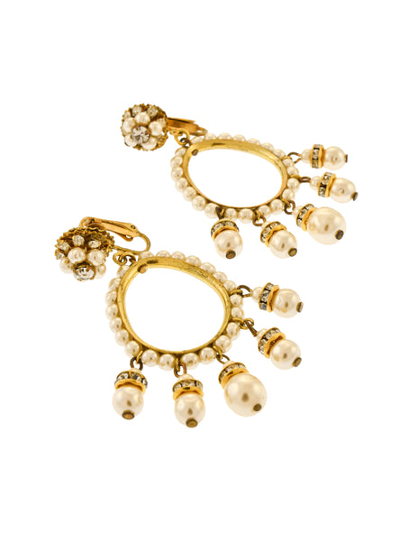 Miriam Haskell Vintage Large Pearl Rhinestone Gold Teardrop Dangle Earrings