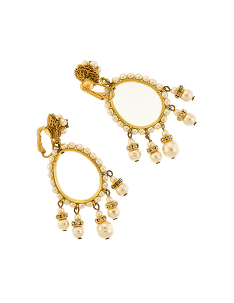 Miriam Haskell Vintage Large Pearl Rhinestone Gold Teardrop Dangle Earrings