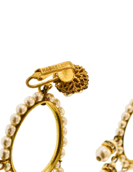 Miriam Haskell Vintage Large Pearl Rhinestone Gold Teardrop Dangle Earrings