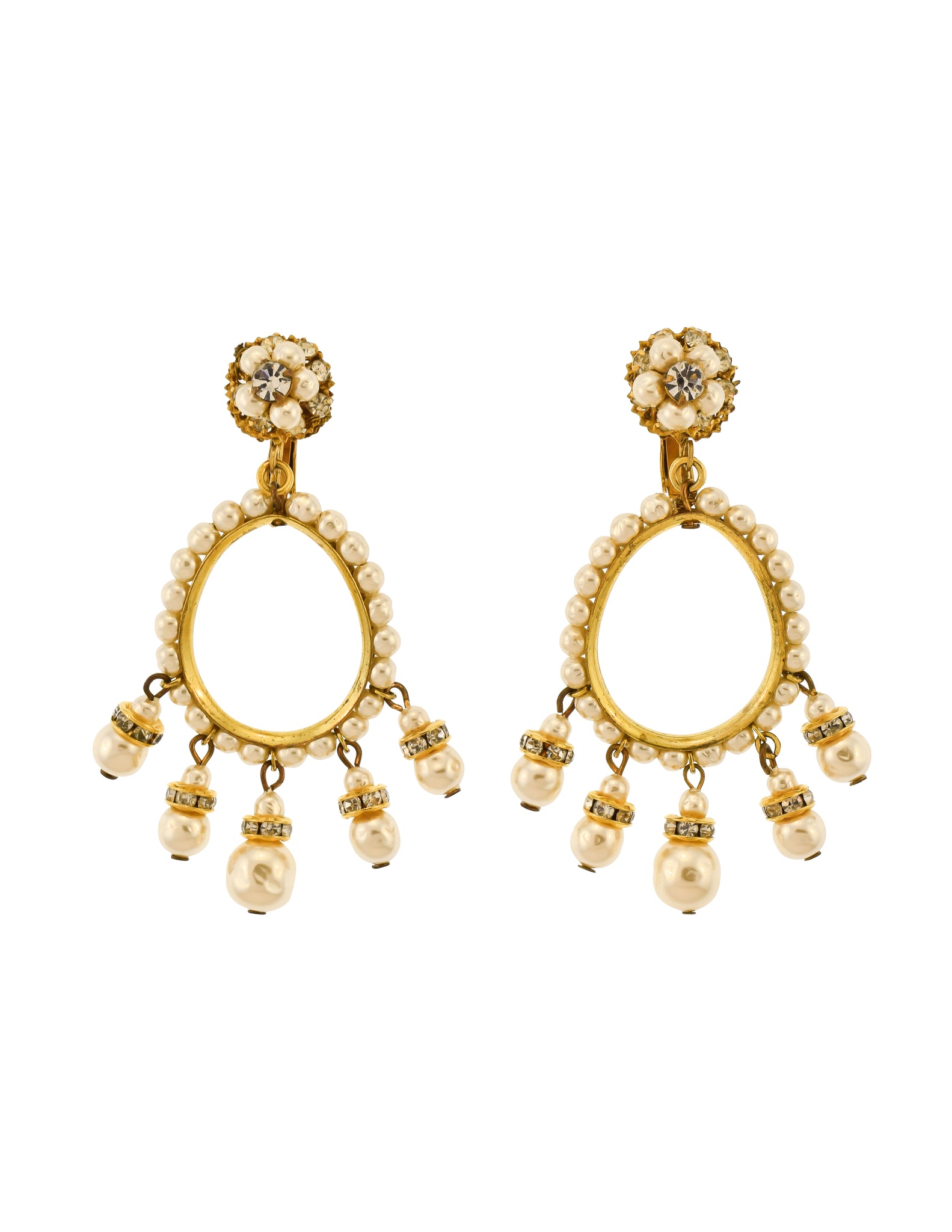 Miriam Haskell Vintage Large Pearl Rhinestone Gold Teardrop Dangle Earrings