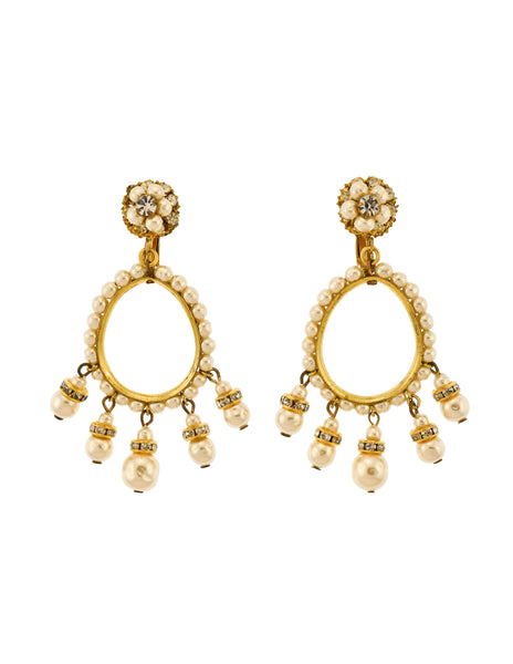 Miriam Haskell Vintage Large Pearl Rhinestone Gold Teardrop Dangle Earrings