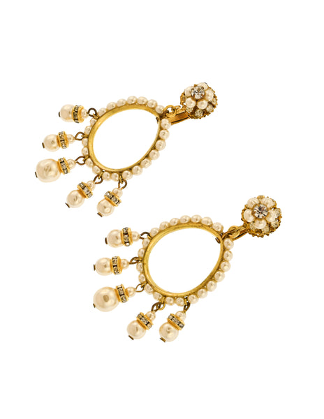 Miriam Haskell Vintage Large Pearl Rhinestone Gold Teardrop Dangle Earrings