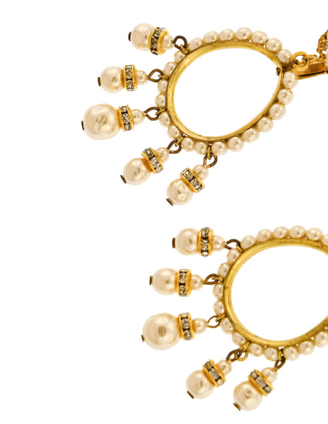 Miriam Haskell Vintage Large Pearl Rhinestone Gold Teardrop Dangle Earrings