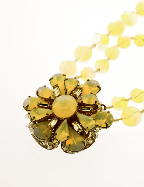 Miriam Haskell Vintage Pastel Yellow Glass Bead Flower Necklace and Earrings Set
