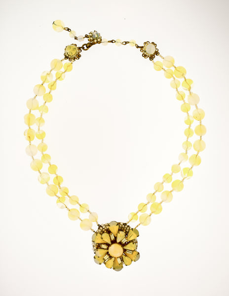 Miriam Haskell Vintage Pastel Yellow Glass Bead Flower Necklace and Earrings Set