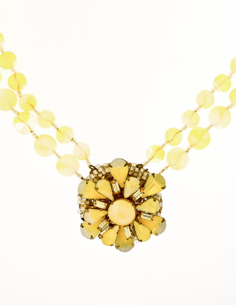Miriam Haskell Vintage Pastel Yellow Glass Bead Flower Necklace and Earrings Set