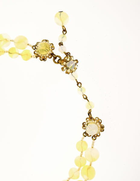 Miriam Haskell Vintage Pastel Yellow Glass Bead Flower Necklace and Earrings Set