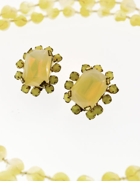 Miriam Haskell Vintage Pastel Yellow Glass Bead Flower Necklace and Earrings Set