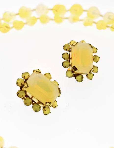 Miriam Haskell Vintage Pastel Yellow Glass Bead Flower Necklace and Earrings Set